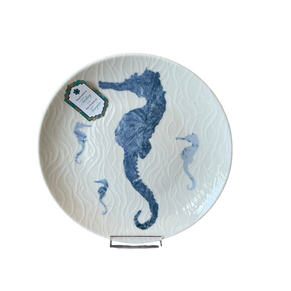 INTESA HOME Sea Life Blue Seahorse Porcelain Salad & Dinner Plate Set of 2 NEW - Picture 15 of 15
